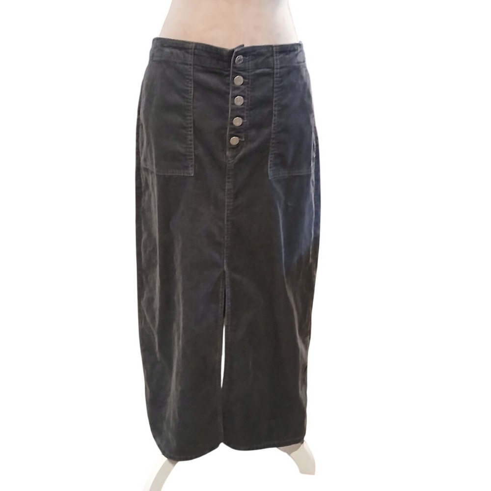 LOFT sz 8 Womens Grey Corduroy Button Front Fly Maxi Skirt High Waist Front Slit